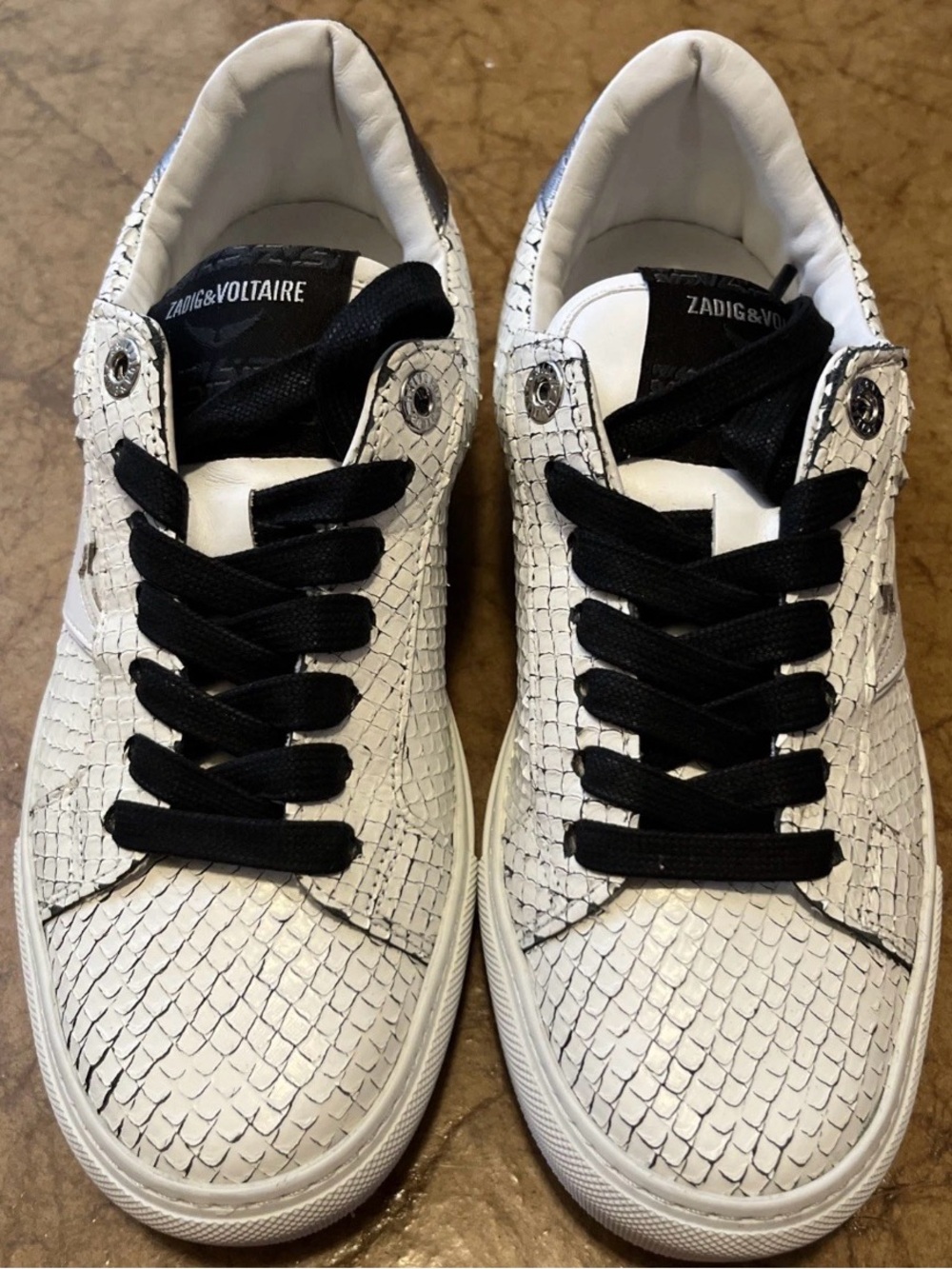 Zadig & Voltaire Distressed Bolt Leather Sneakers Women's Size 37/7 White NEW